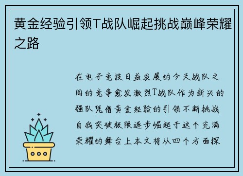 黄金经验引领T战队崛起挑战巅峰荣耀之路