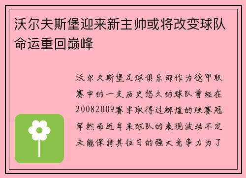 沃尔夫斯堡迎来新主帅或将改变球队命运重回巅峰