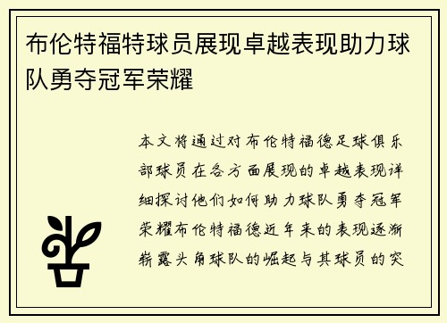 布伦特福特球员展现卓越表现助力球队勇夺冠军荣耀