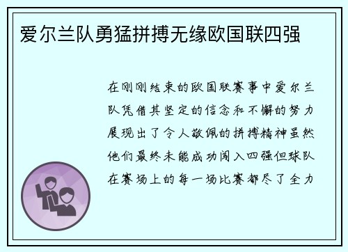 爱尔兰队勇猛拼搏无缘欧国联四强