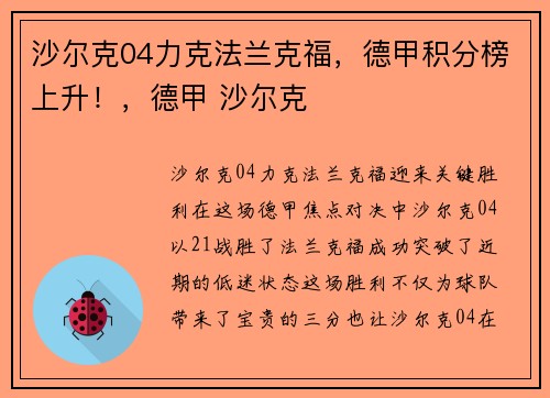 沙尔克04力克法兰克福，德甲积分榜上升！，德甲 沙尔克
