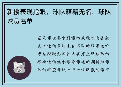 新援表现抢眼，球队籍籍无名，球队球员名单
