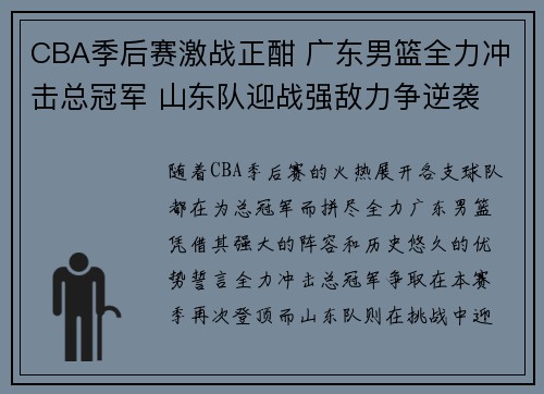 CBA季后赛激战正酣 广东男篮全力冲击总冠军 山东队迎战强敌力争逆袭