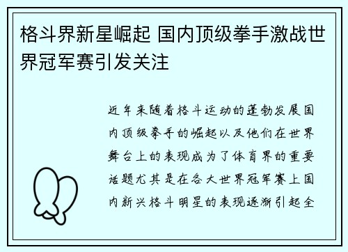 格斗界新星崛起 国内顶级拳手激战世界冠军赛引发关注